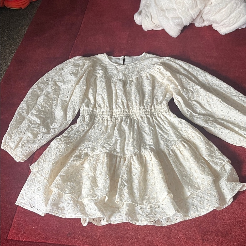 Just Me Ivory Eyelet Mini Dress Balloon Sleeves - Picture 3 of 11